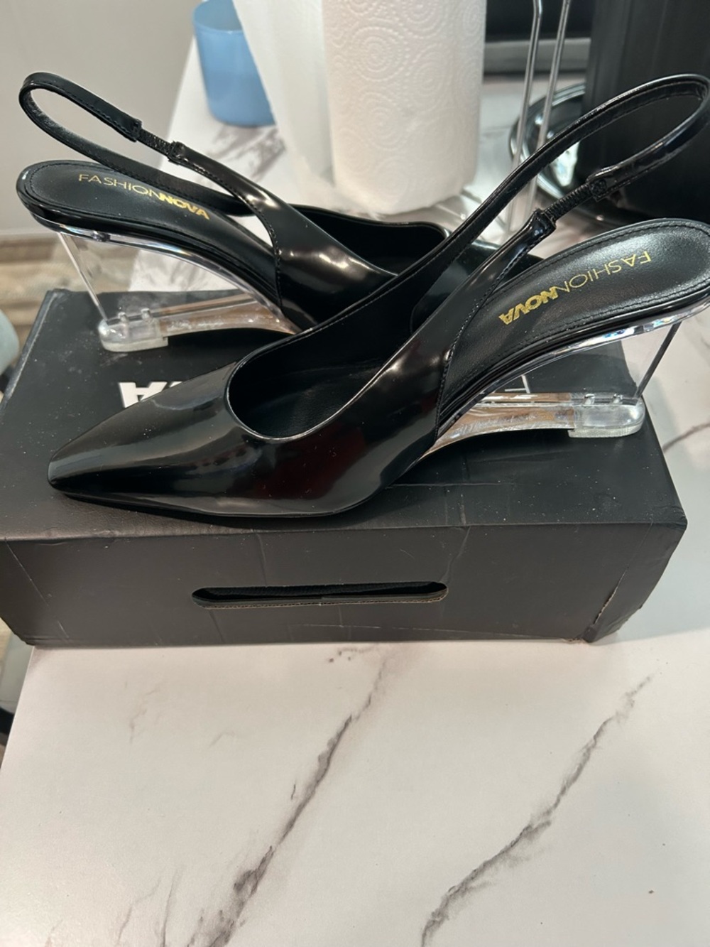 Fashion Nova Black Patent Slingback Pumps with Clear Block Heel